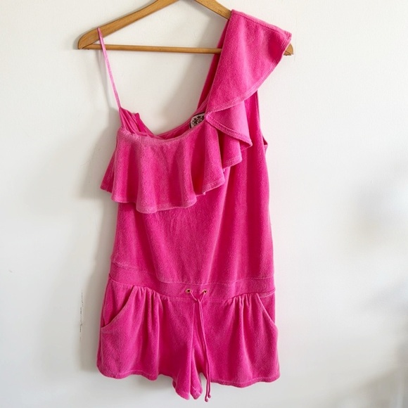 Juicy couture vintage 2010s pink terry cloth ruffled one shoulder romper sz Med - Picture 2 of 8